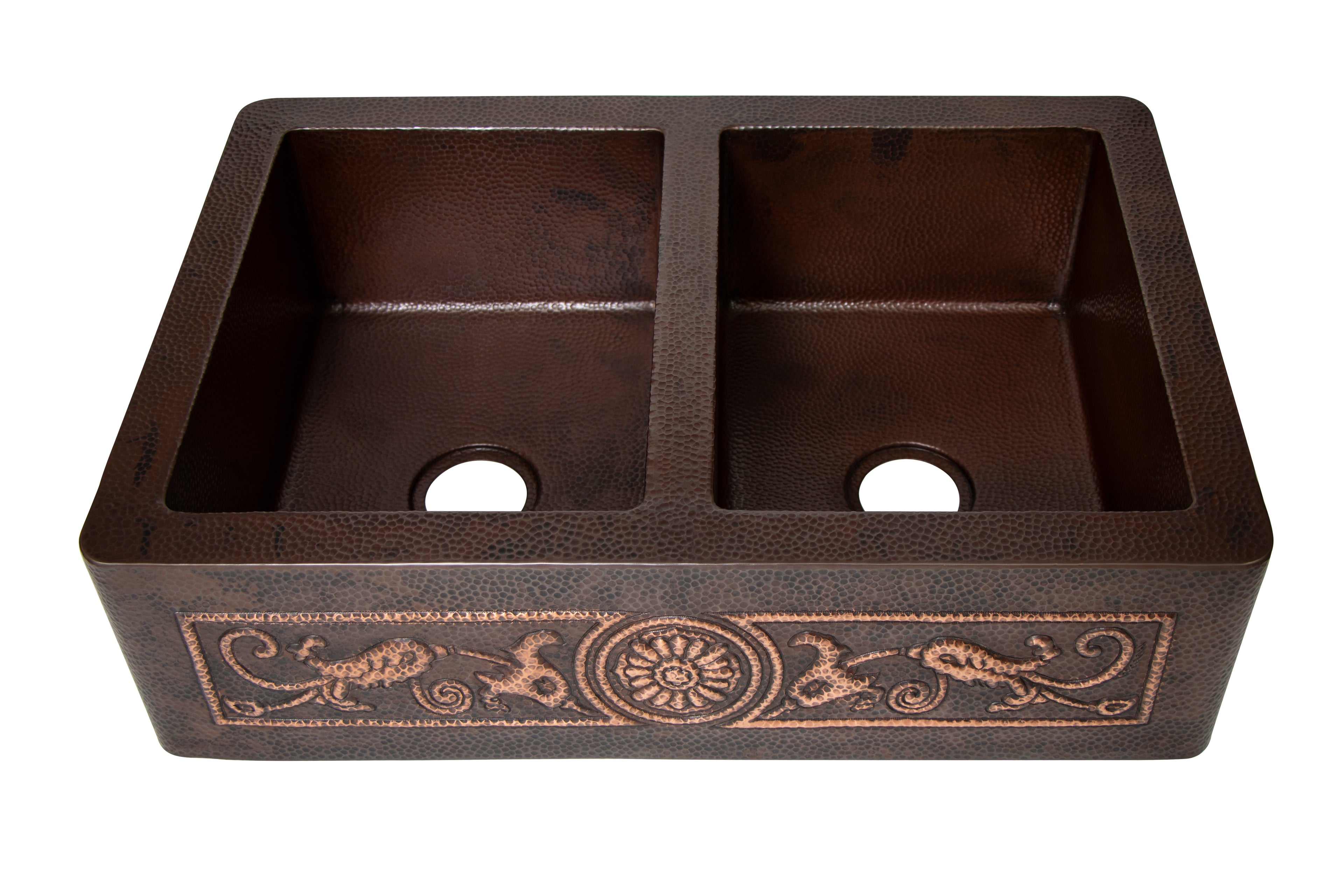 33" Farmhouse Double Well 50/50 Flowers Design Straight Apron Hammered Copper Kitchen Sink