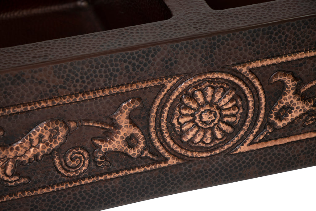 33" Farmhouse Double Well 50/50 Flowers Design Straight Apron Hammered Copper Kitchen Sink